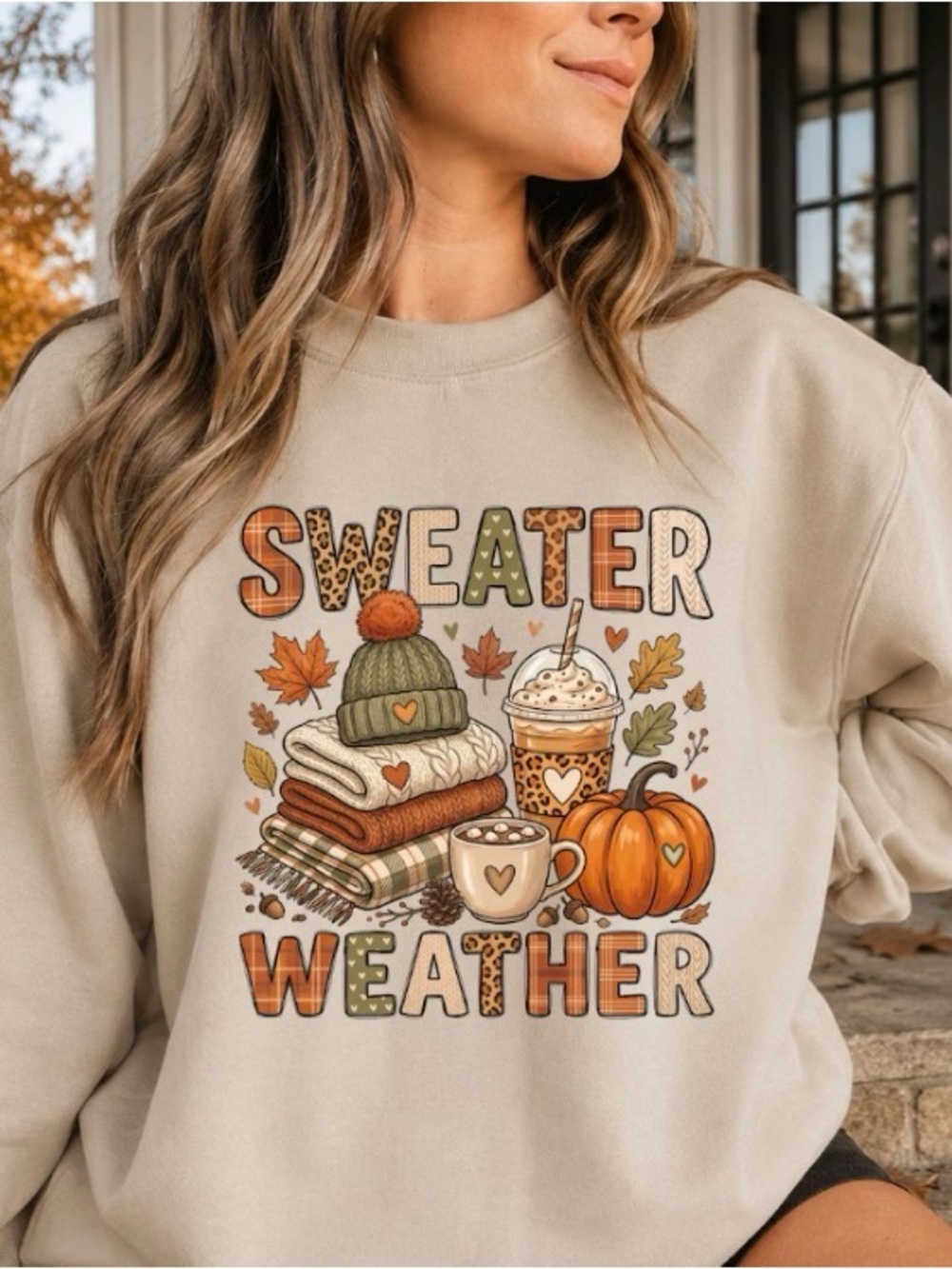 Sweater Weather Sweater, Cozy Pumpkin Coffee Shirt, Fall Autumn Leaves Crewneck